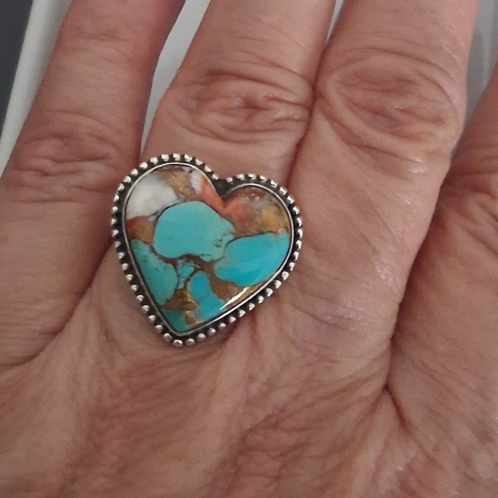 SPINY OYSTER TURQUOISE HEART RING 925 STERLING SILVER SIZE 7 - Picture 2 of 6
